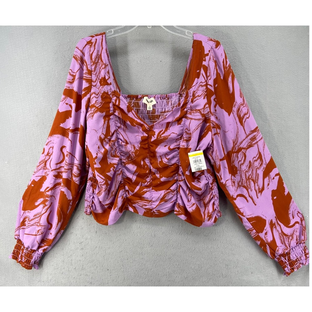 Open Edit Shirt Womens 3X Long Sleeve Square Neck Ruched Front Blouse Top Purple